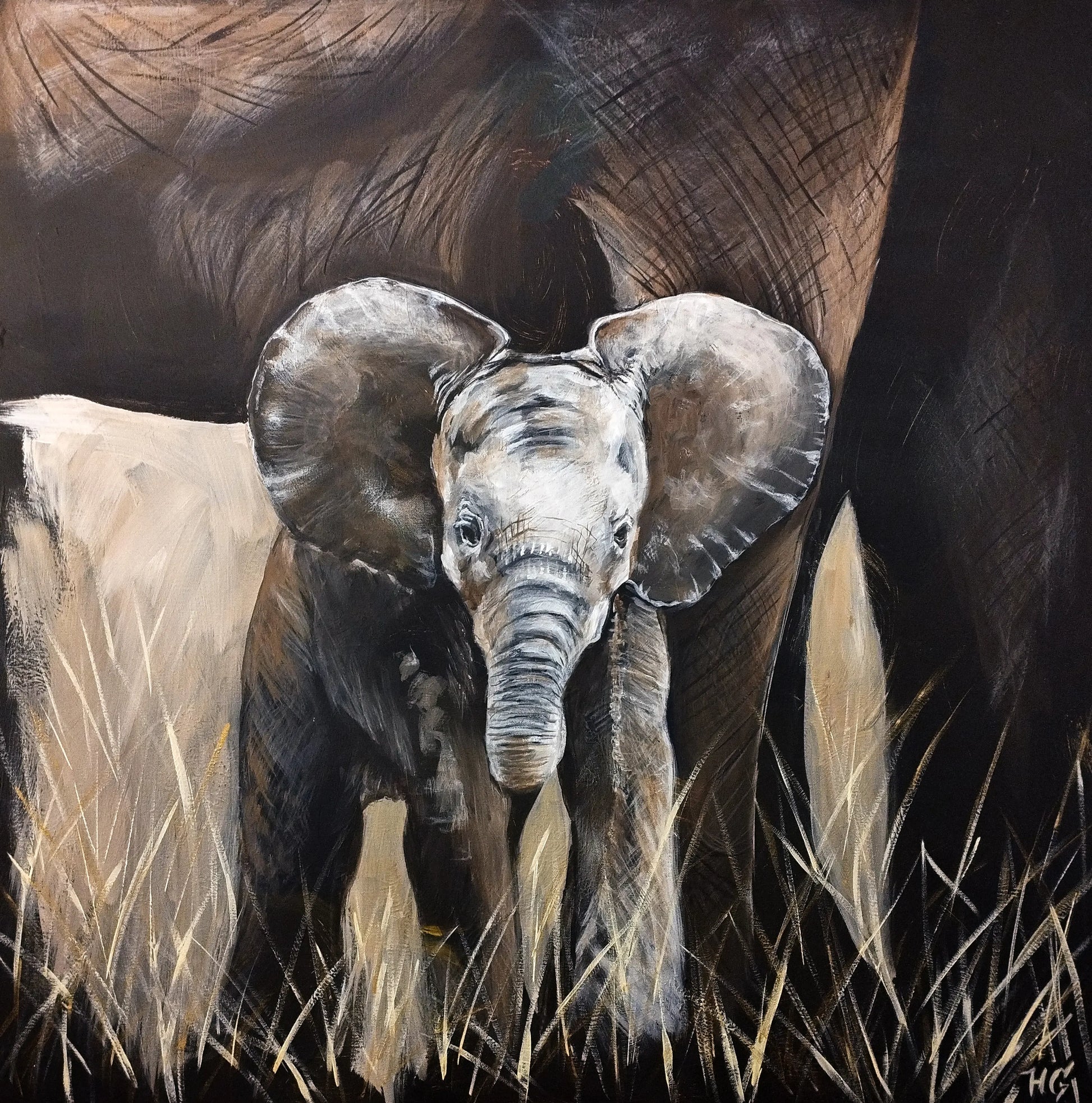 Handgemaltes Elefant Acrylgemälde 80×80 cm – Mutter und Jungtier, schwarzer Grund, goldene Grashalme