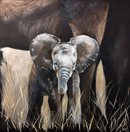 Handgemaltes Elefant Acrylgemälde 80×80 cm – Mutter und Jungtier, schwarzer Grund, goldene Grashalme