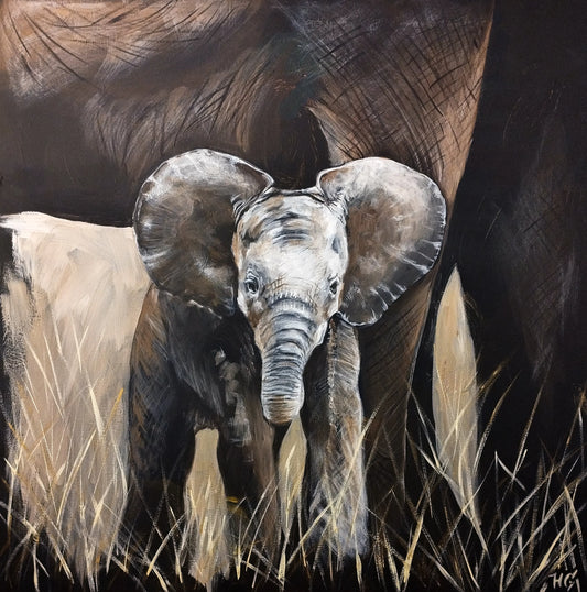 Handgemaltes Elefant Acrylgemälde 80×80 cm – Mutter und Jungtier, schwarzer Grund, goldene Grashalme