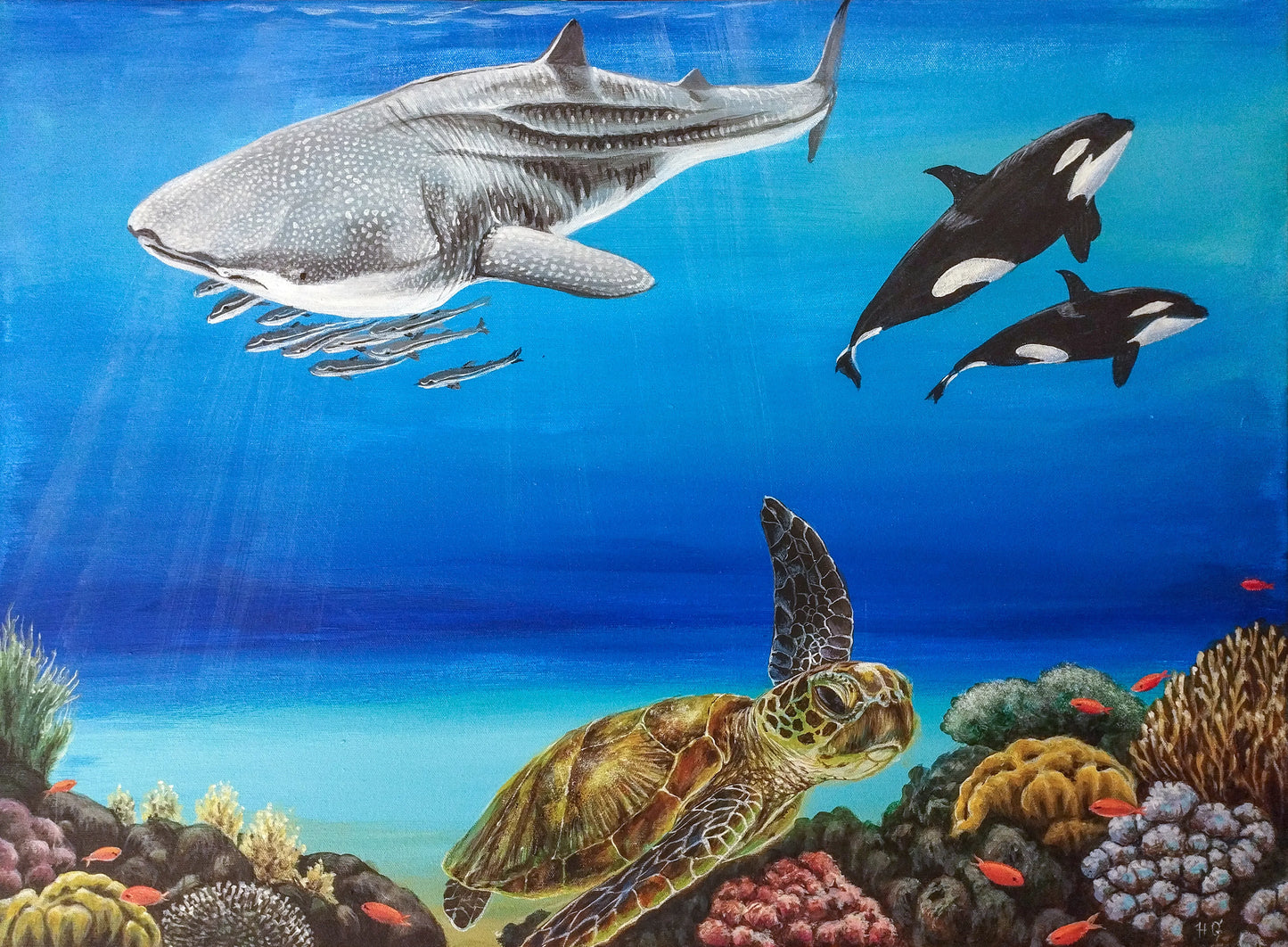 Handgemaltes Unterwasserwelt Acrylgemälde 50×70 cm – Walhai, Orcas, Schildkröte, Ozeanblau