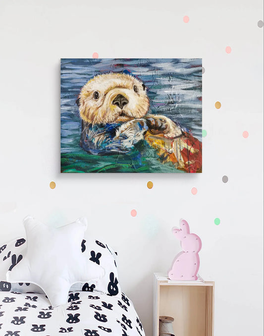 H1Z ART Acrylbild Gemälde Spielerischer Otter – handgemaltes Original Acrylbild (40 x 50 cm)