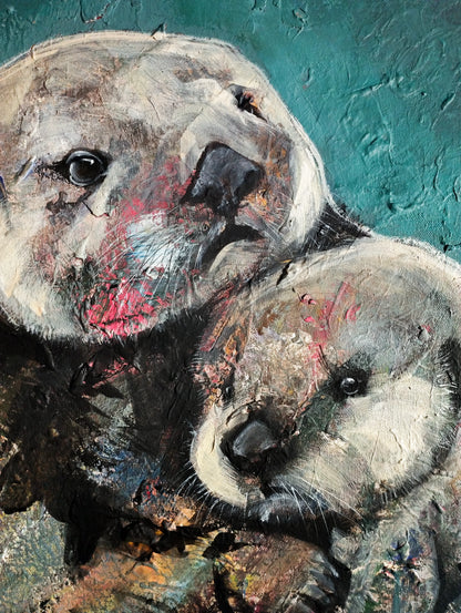 H1Z ART Acrylbild Gemälde Innige Verbundenheit (Otter mit Baby) – handgemaltes Original Acrylbild (40 x 50 cm)