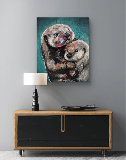 H1Z ART Acrylbild Gemälde Innige Verbundenheit (Otter mit Baby) – handgemaltes Original Acrylbild (40 x 50 cm)