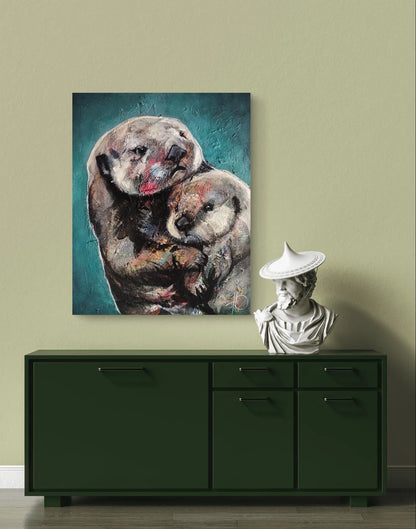 H1Z ART Acrylbild Gemälde Innige Verbundenheit (Otter mit Baby) – handgemaltes Original Acrylbild (40 x 50 cm)