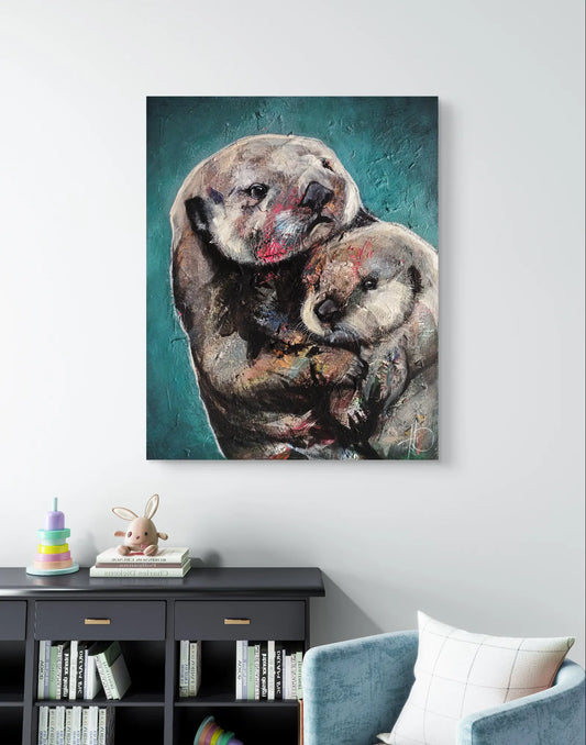 H1Z ART Acrylbild Gemälde Innige Verbundenheit (Otter mit Baby) – handgemaltes Original Acrylbild (40 x 50 cm)
