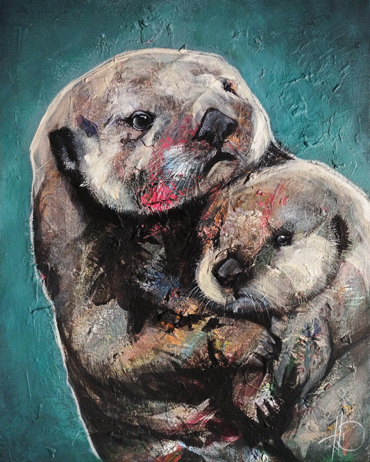 Acrylgemälde Seeotter mit Jungtier, expressive Malweise mit bunten Pinselstrichen vor türkiser Textur.