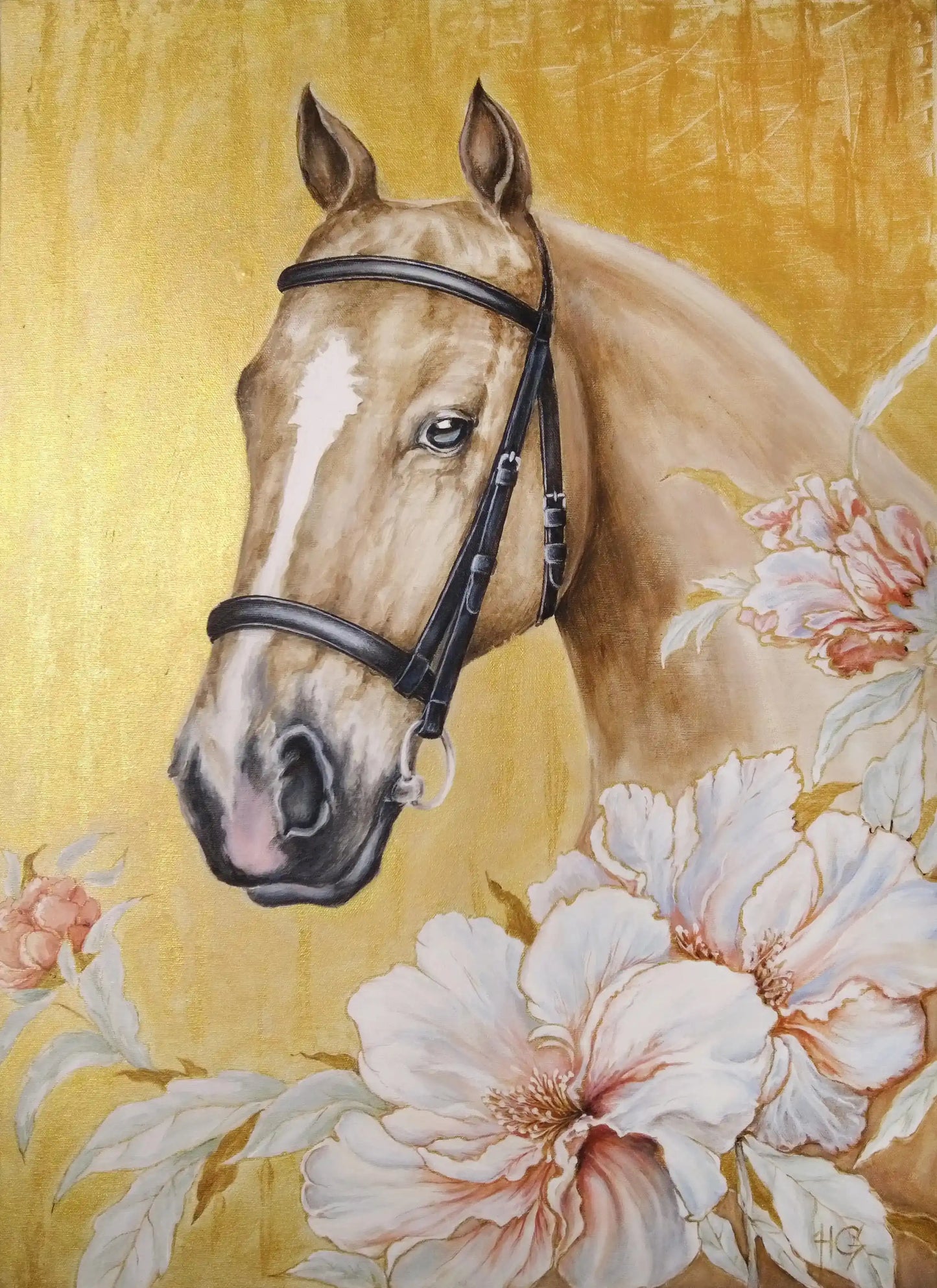 Handgemaltes Pferd Acrylgemälde 70×50 cm – Goldgrund, schwarzes Halfter, rosa Pfingstrosen
