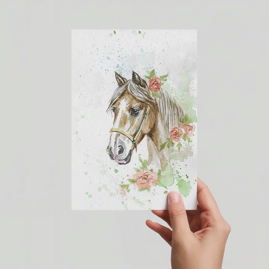 Aquarell Postkarte Pferdeporträt mit Rosenkranz und Halfter, handgemalt, expressive Malweise.
