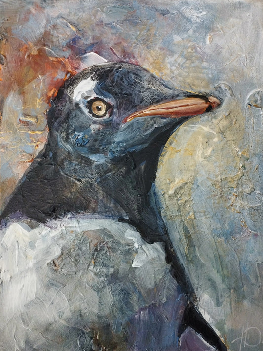 Handgemaltes Pinguin Acrylgemälde 30×40 cm – Profil, goldenes Auge, Ocker-Blau-Hintergrund