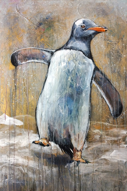 Handgemaltes Pinguin Acrylgemälde 100×66 cm – marschierender Pinguin, warmes Ocker-Gold
