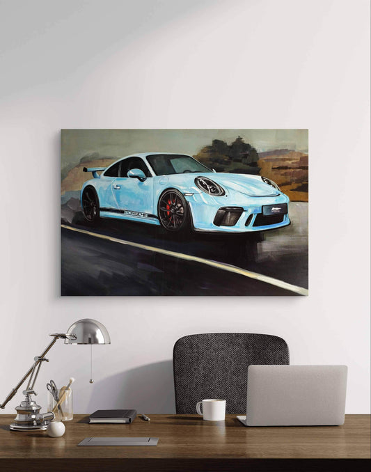 Expressiv-realistisches Gemälde Porsche – GT3 – handgemaltes Original Acrylbild (120 x 80 cm) auf Leinwand von H1Z ART in lebendiger Atmosphäre
