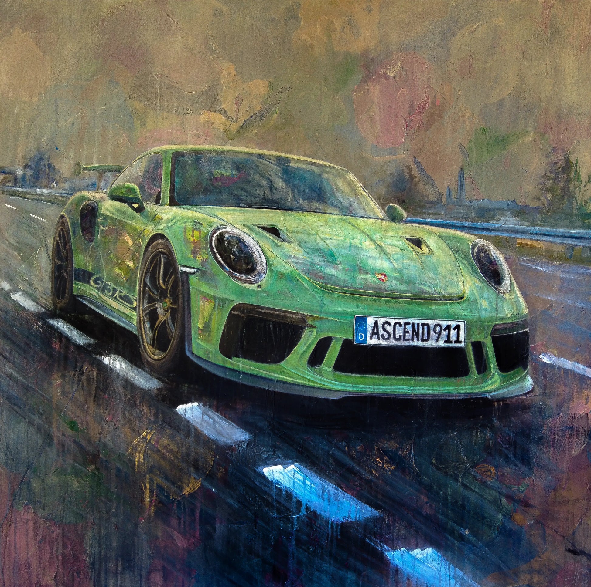 Handgemaltes Porsche 911 GT3 RS Acrylgemälde 140×140 cm – Lizard Green auf nassem Asphalt, semi-abstrakt