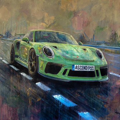 Handgemaltes Porsche 911 GT3 RS Acrylgemälde 140×140 cm – Lizard Green auf nassem Asphalt, semi-abstrakt