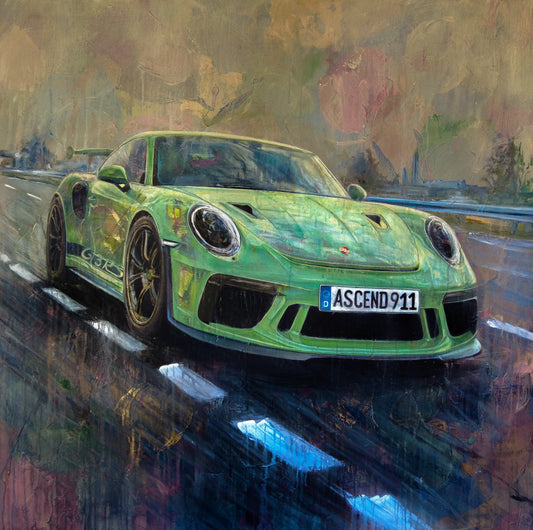 Handgemaltes Porsche 911 GT3 RS Acrylgemälde 140×140 cm – Lizard Green auf nassem Asphalt, semi-abstrakt