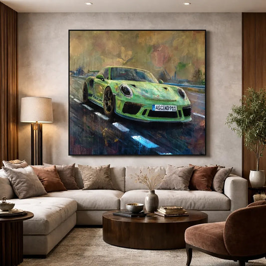 Porsche 911 GT3 RS Gemälde Acryl auf Leinwand – grüner Sportwagen frontal, expressiver Pinselstil