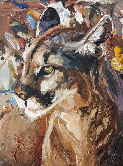 Handgemaltes Puma Acrylgemälde 30×40 cm – goldenes Auge, bunter expressiver Hintergrund