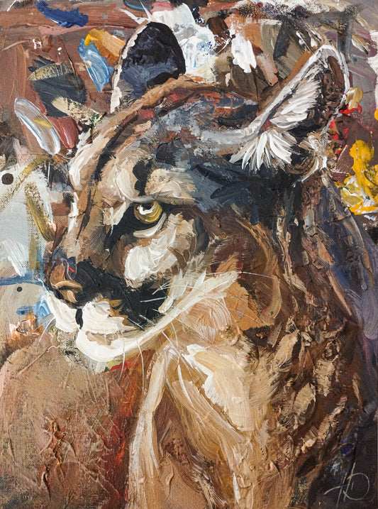Handgemaltes Puma Acrylgemälde 30×40 cm – goldenes Auge, bunter expressiver Hintergrund