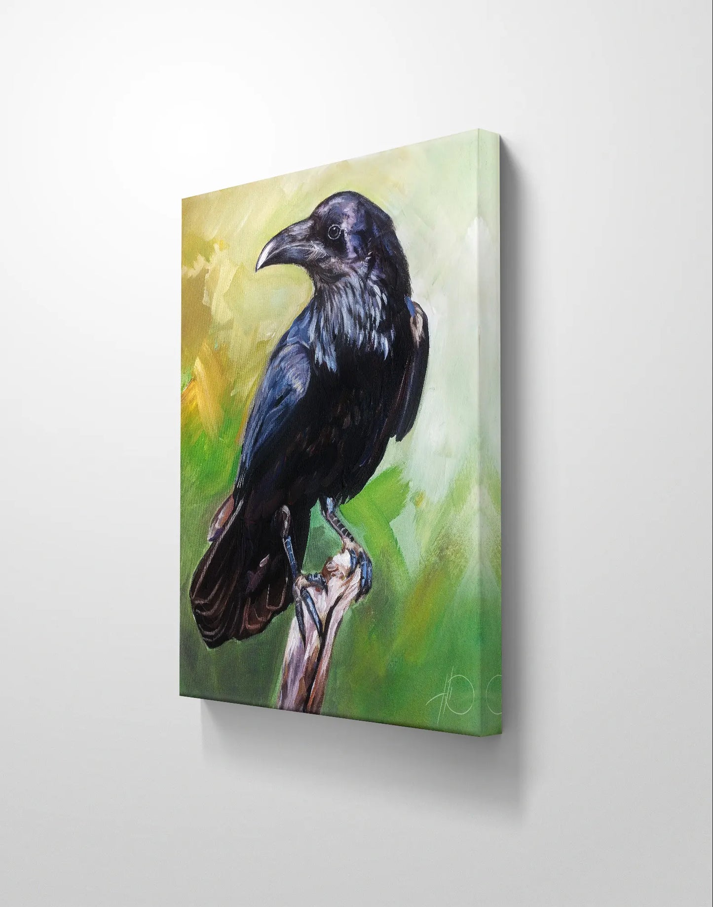 Acrylgemälde Rabe, Seitenansicht zeigt Dicke des Keilrahmens und den sichtbaren Farbauftrag.