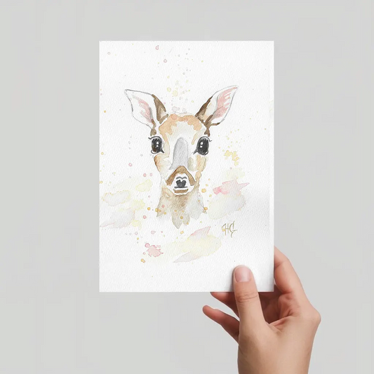 Aquarell Postkarte Reh/Rehkitz Porträt, handgemalt, expressive Malweise mit zarten Farbakzenten.
