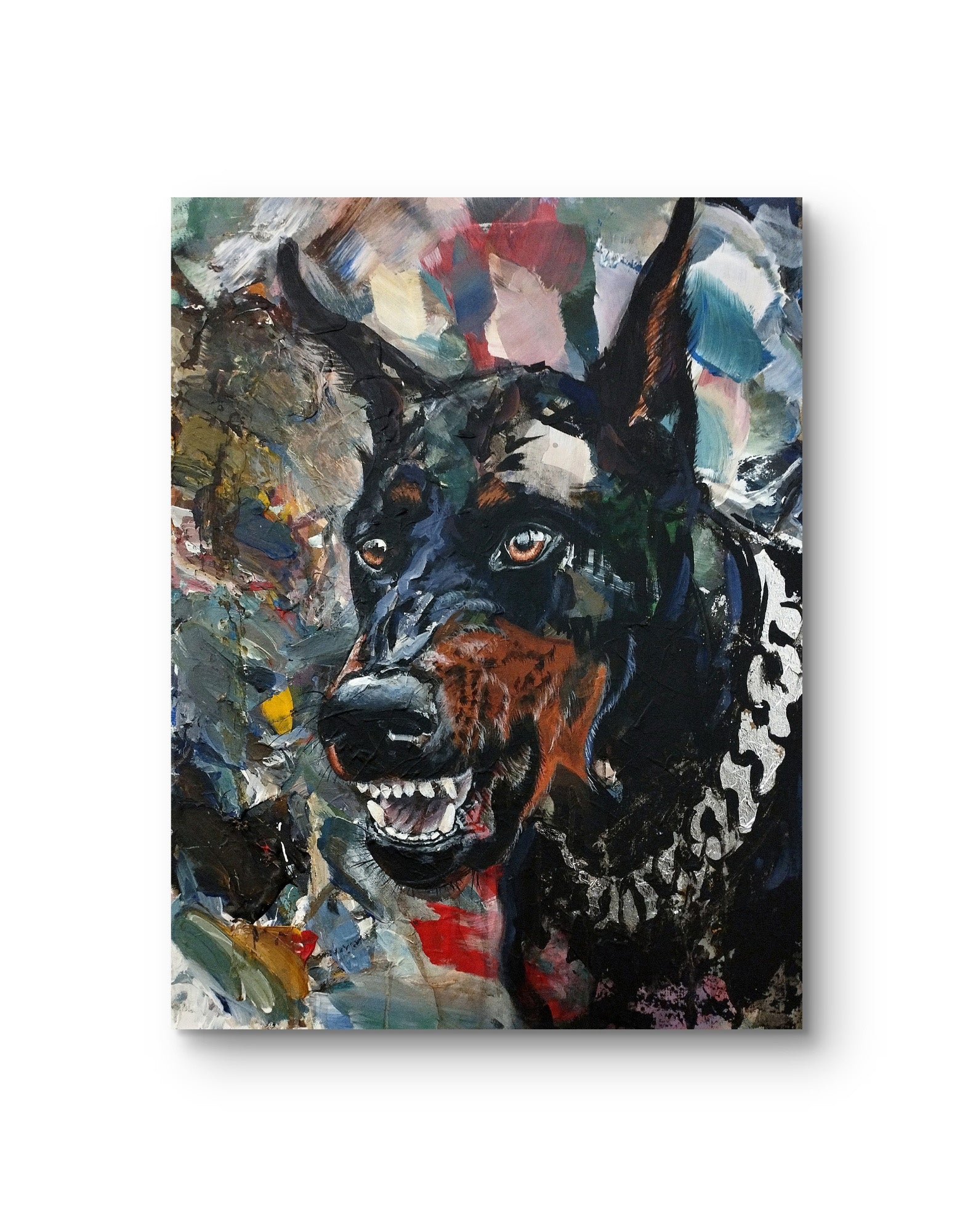 Acrylgemälde Dobermann mit Kette, expressive Malweise mit pastosen Pinselstrichen und abstraktem Hintergrund.