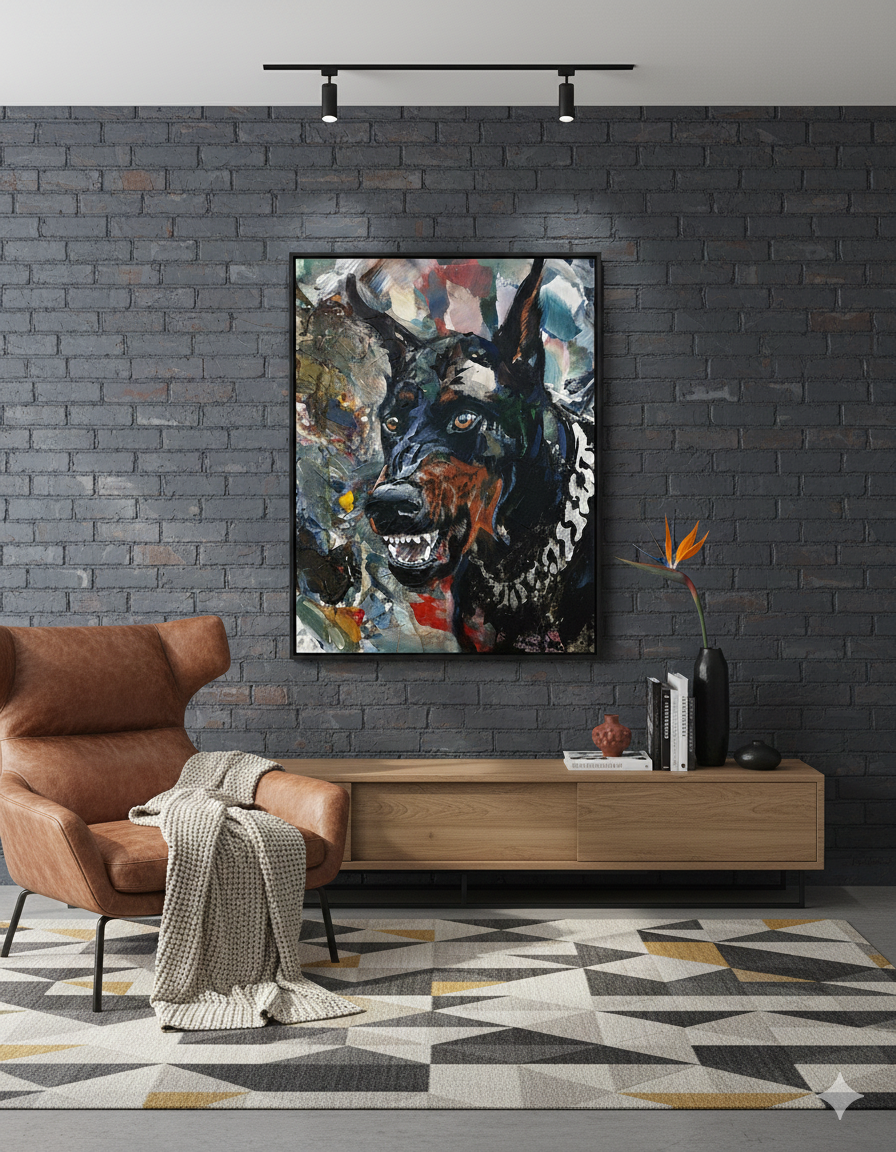 Acrylgemälde Dobermann über hellem Holz-Sideboard vor dunkler Backsteinwand im Industrial Style.