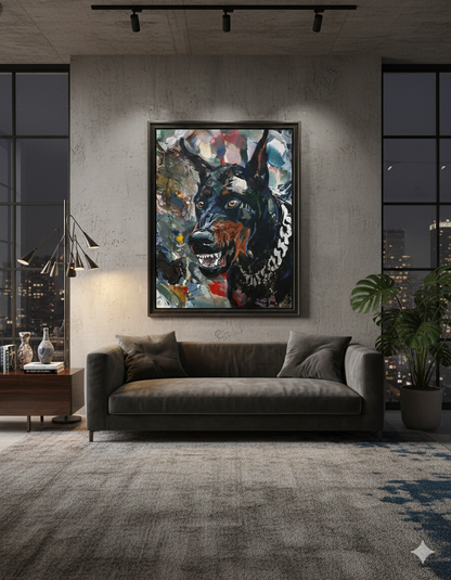 Großformatiges Dobermann-Gemälde über dunklem Samtsofa vor grauer Betonwand bei Nachtansicht.