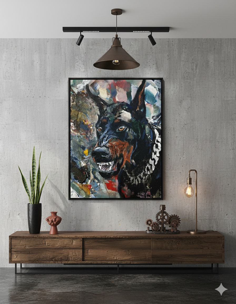 Expressives Schäferhund-Gemälde über dunklem Holz-Sideboard vor grauer Betonwand im modernen Loft.