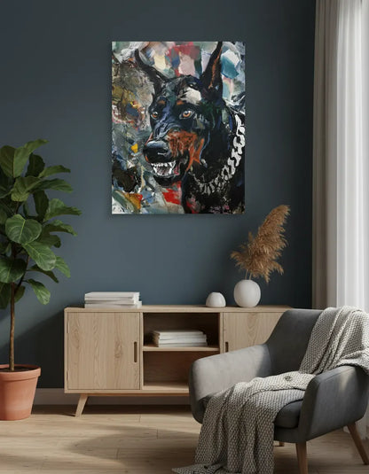 Acrylgemälde Dobermann mit Kette über hellem Holz-Sideboard im modernen Wohnzimmer.