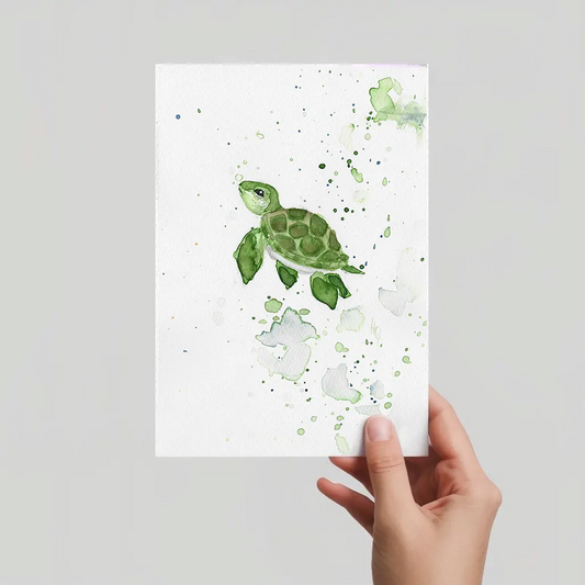 Aquarell Postkarte kleine Meeresschildkröte in Grün, handgemalt, expressive Malweise.