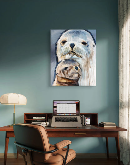 H1Z ART Acrylbild Gemälde Seehund und Kind – handgemaltes Original Acrylbild (40 x 50 cm)