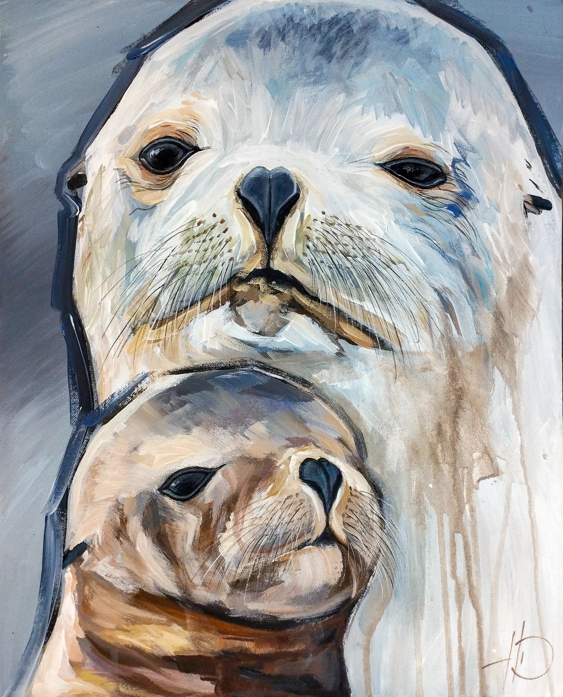 H1Z ART Acrylbild Gemälde Seehund und Kind – handgemaltes Original Acrylbild (40 x 50 cm)