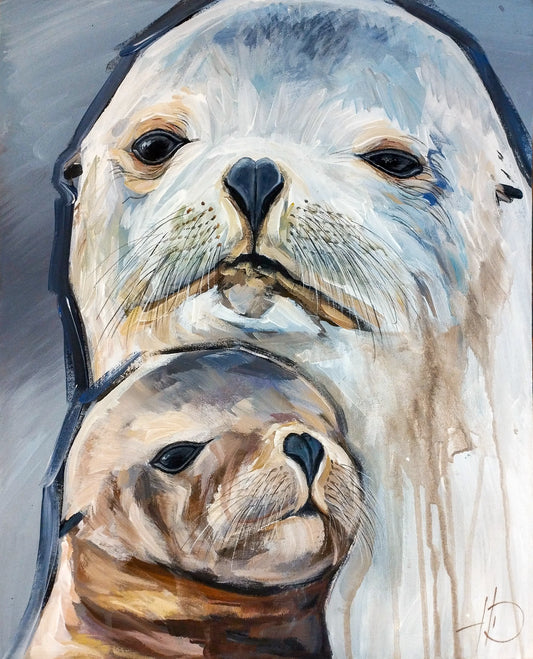 H1Z ART Acrylbild Gemälde Seehund und Kind – handgemaltes Original Acrylbild (40 x 50 cm)