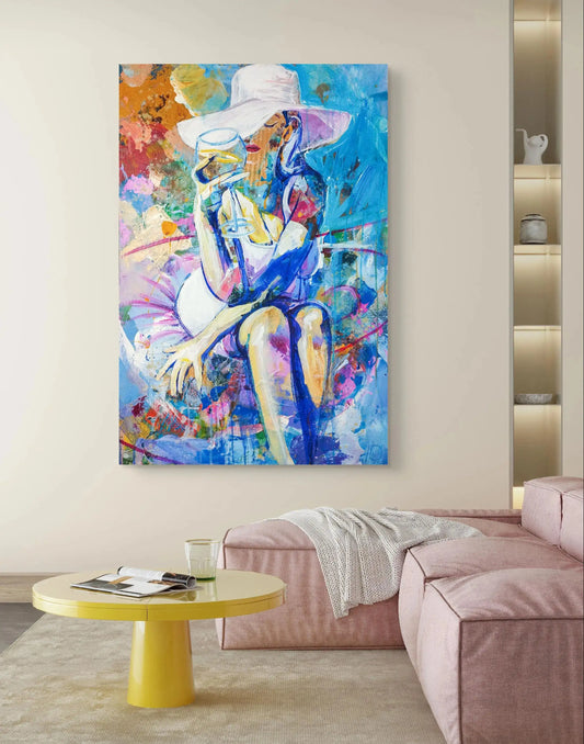 Handgemaltes figuratives Acrylgemälde 60×90 cm – sommerliche Szene, expressive Farbigkeit, Frauenporträt