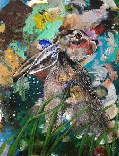 Handgemaltes Hase Acrylgemälde 40×30 cm – farbenreiches Fellportrait in Blau, Orange und Grün auf Leinwand