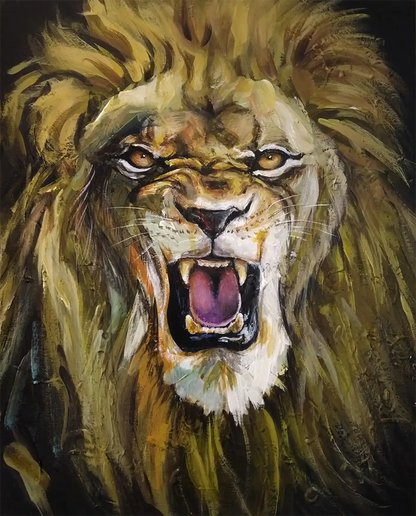 Handgemaltes Löwe Acrylgemälde 40×50 cm – brüllender Löwe in Gold und Schwarz, kraftvolles Tierportrait