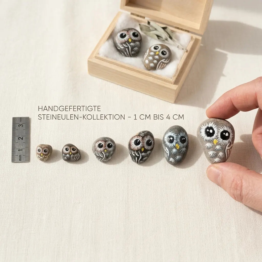 Bemalte Stein Eulen alle Größen – 1 cm bis 3,5 cm, Acryl Kiesel Handarbeit, Größenvergleich