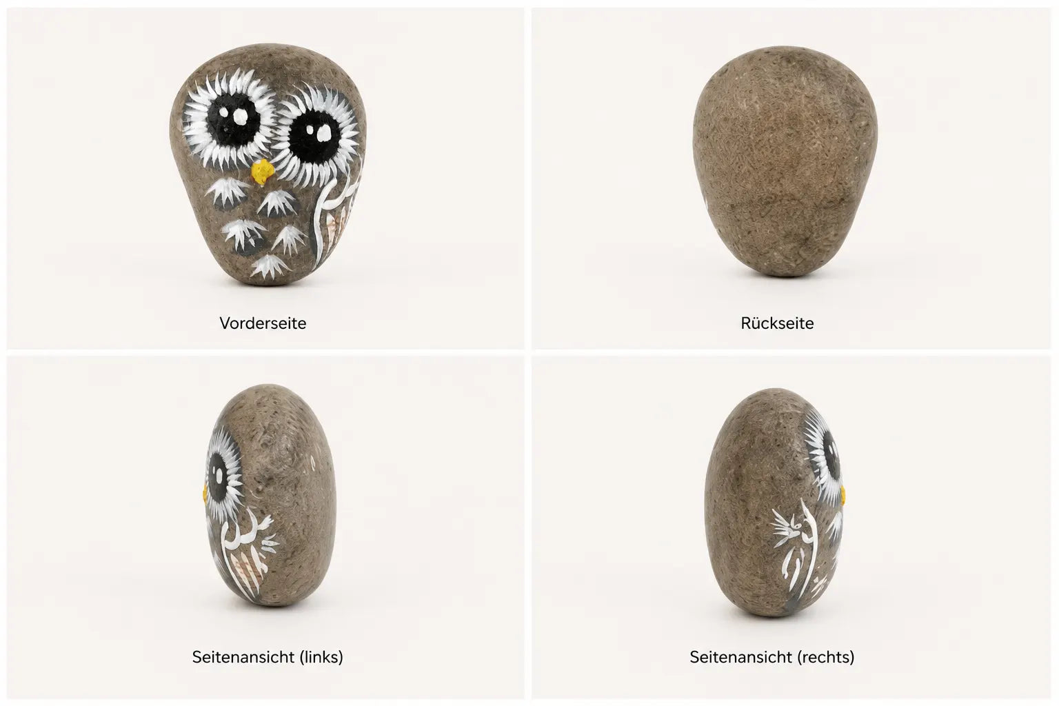 Bemalter Stein Eule Vorder- und Rückseite – Naturkiesel unbemalt hinten, Acryl Eulen-Motiv vorne