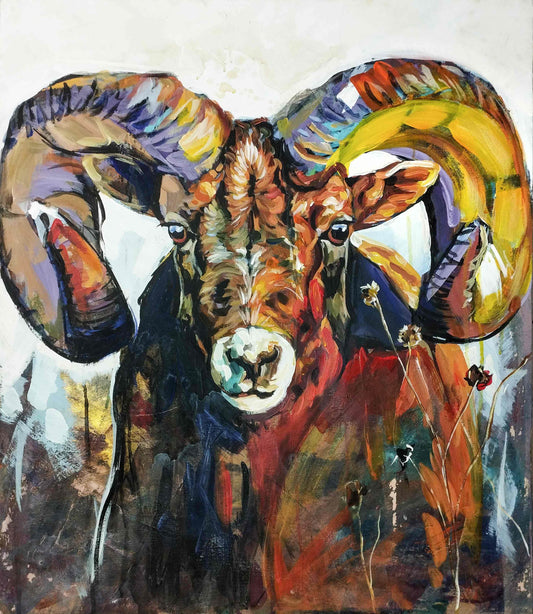 Gemälde bunter Steinbock – handgemaltes Original Acrylbild (60 x 70 cm)