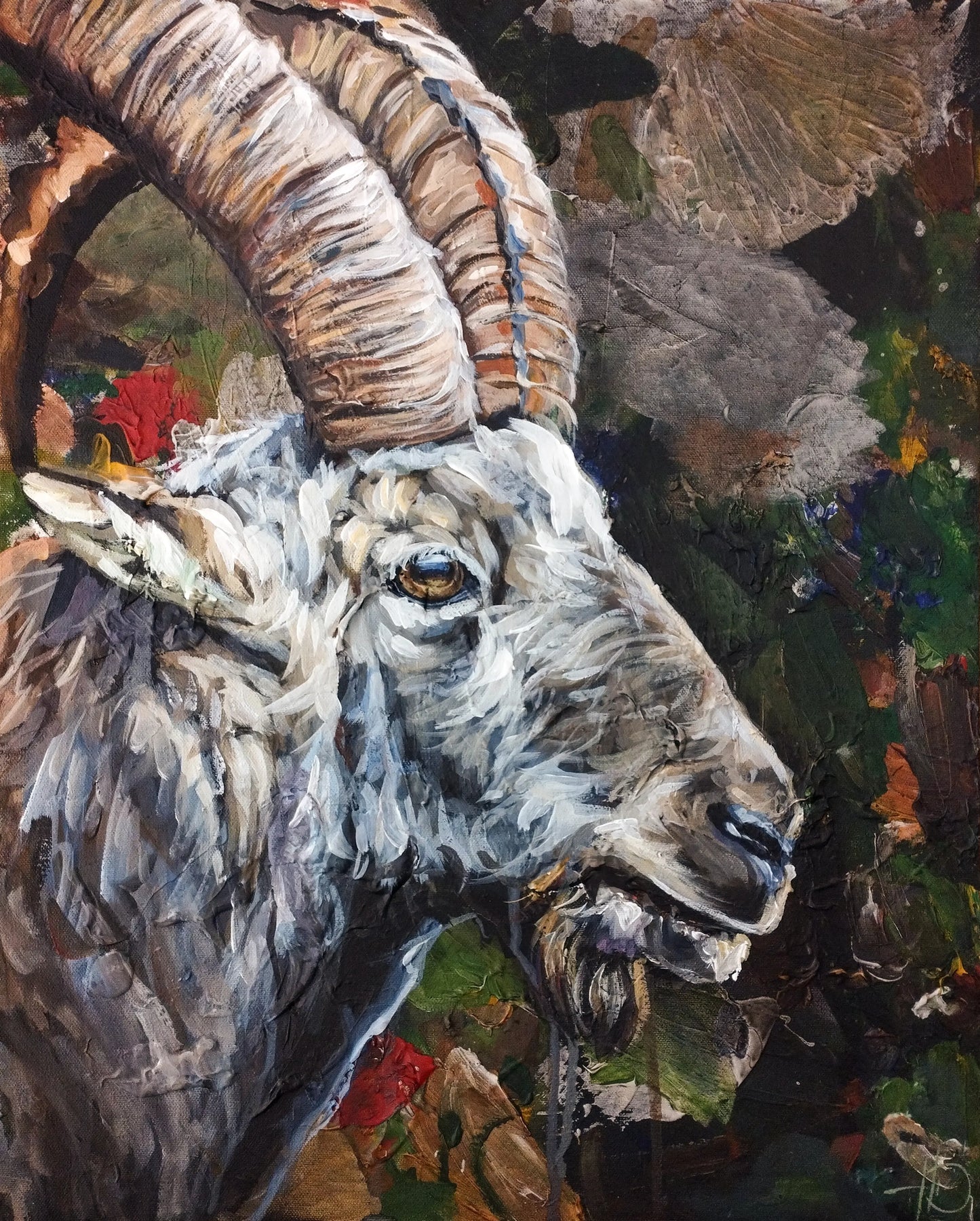 Handgemaltes Steinbock Acrylgemälde 40×50 cm – geschwungenes Horn, Profil, bunter Hintergrund