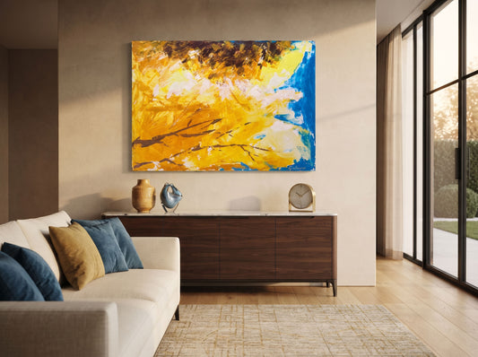 Handgemaltes Acrylgemälde mit Abstrakt „Herbstwald“ als moderne
Wandkunst im stilvollen Wohnraum.