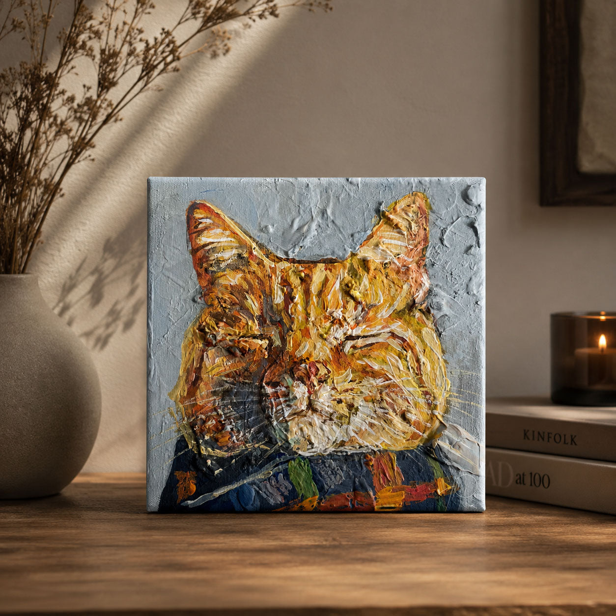 : Handgemaltes Acrylgemälde mit Rote Katze als moderne Wandkunst im
stilvollen Wohnraum