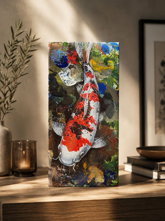 Handgemaltes Acrylgemälde mit Koi-Karpfen, erdige Grün-/Brauntöne mit
bunten Akzenten als moderne Wandkunst im stilvollen Wohnraum.