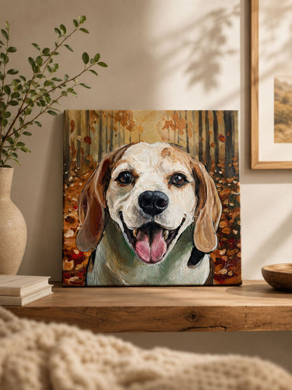  Handgemaltes Acrylgemälde mit Lächelnder Hund (Beagle) im Herbstwald als
moderne Wandkunst im stilvollen Wohnraum.