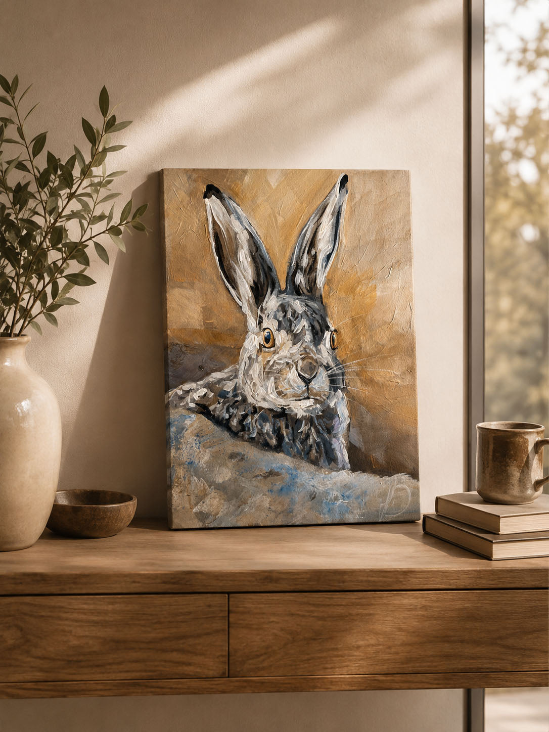 Handgemaltes Acrylgemälde mit Feldhase hinter einem Stein, beige-brauner
Hintergrund als moderne Wandkunst im stilvollen Wohnraum.