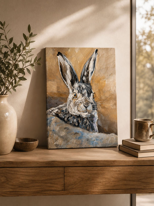 Handgemaltes Acrylgemälde mit Feldhase hinter einem Stein, beige-brauner
Hintergrund als moderne Wandkunst im stilvollen Wohnraum.