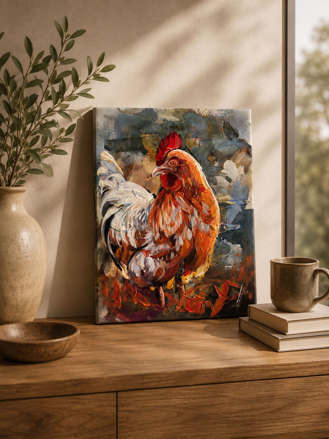 Handgemaltes Acrylgemälde mit Hahn/Huhn als moderne Wandkunst im
stilvollen Wohnraum.