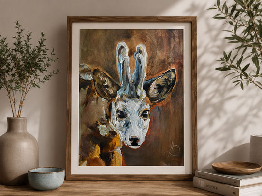 Handgemaltes Acrylgemälde mit Rehbock als moderne Wandkunst im
stilvollen Wohnraum.