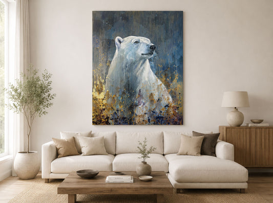 Handgemaltes Acrylgemälde mit Eisbär als moderne Wandkunst im stilvollen
Wohnraum.