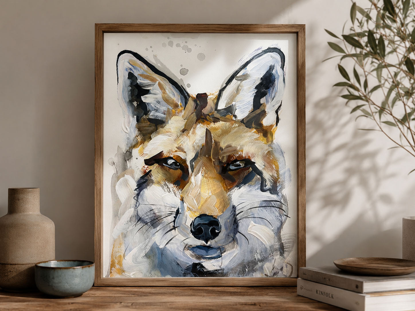 Handgemaltes Aquarellbild mit Fuchs als moderne Wandkunst im stilvollen
Wohnraum.