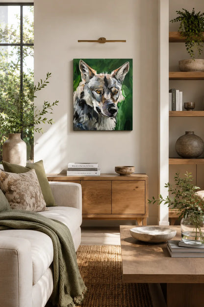 Wolf im Wald Tierportrait – handgemaltes Acrylgemälde, abstrakte moderne Tierbilder Kunst